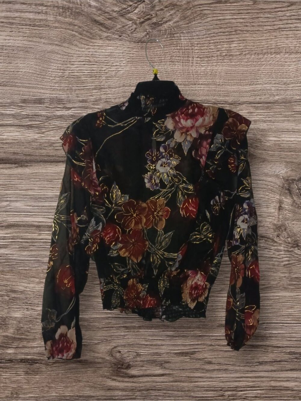 L.I.F.E. Love Is For Eternity Black Floral Sheer High Neck Blouse Size Large